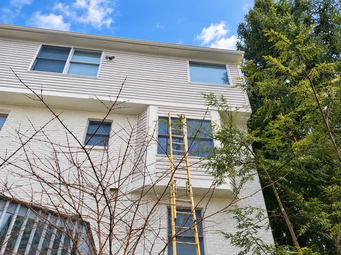 Finished light-colored siding on the upper exterior of a multi-story home with a ladder positioned below.