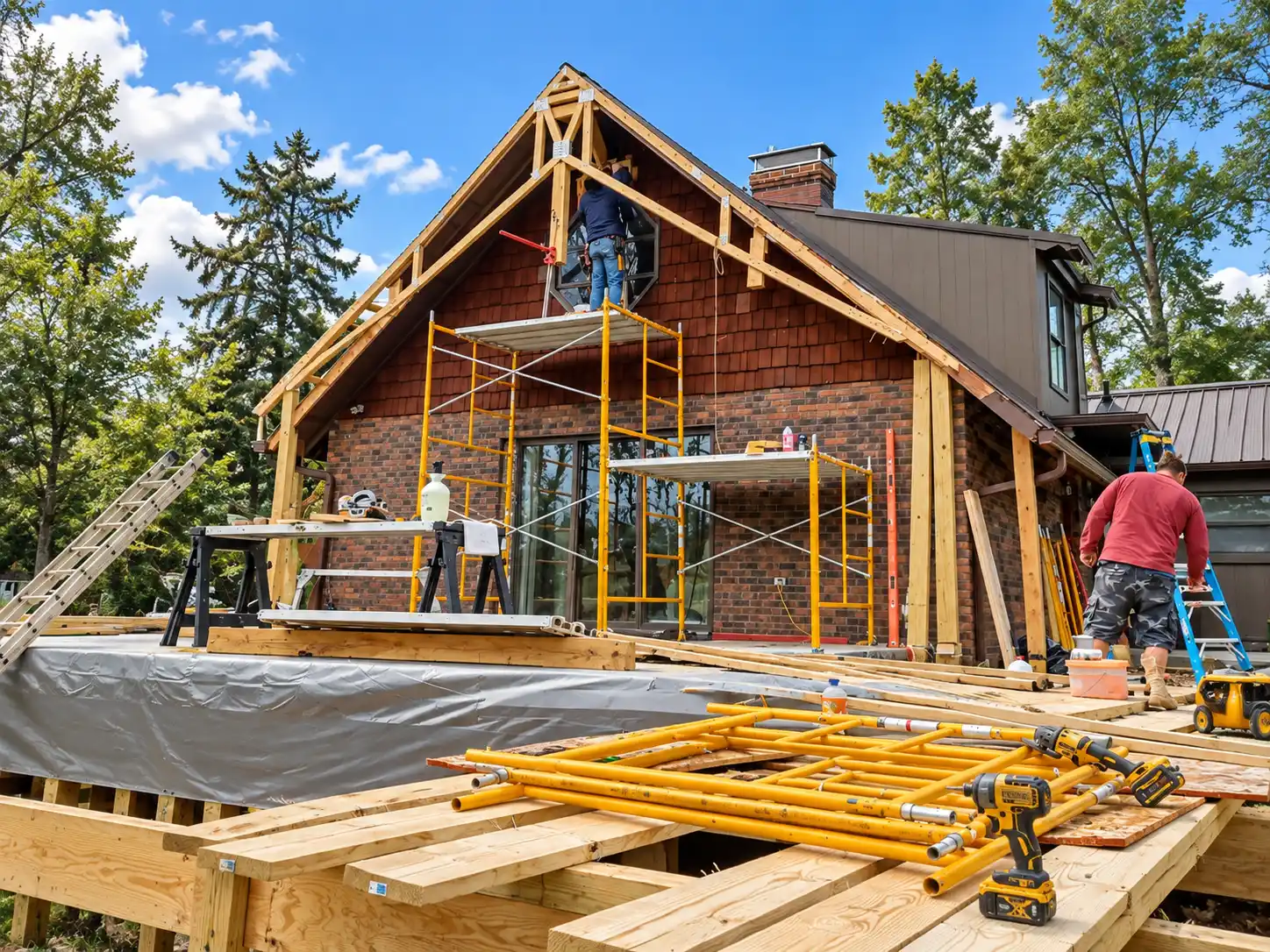 Contractors renovating a residential home exterior with exposed framing, scaffolding, and construction materials.