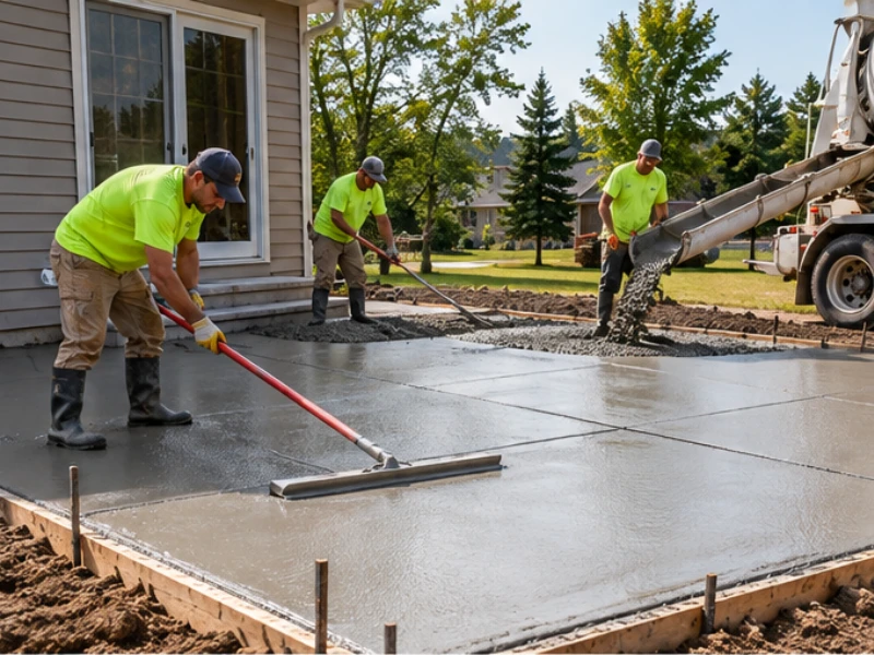 Crew finishing a freshly poured concrete patio slab as a mixer truck chute delivers concrete beside a house.