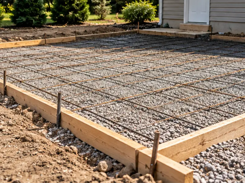 Wooden forms and a rebar grid set over a compacted gravel base, ready for a concrete slab pour.