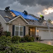 Roofing crew installing a blue tarp over storm-damaged shingles as part of an emergency roof repair.