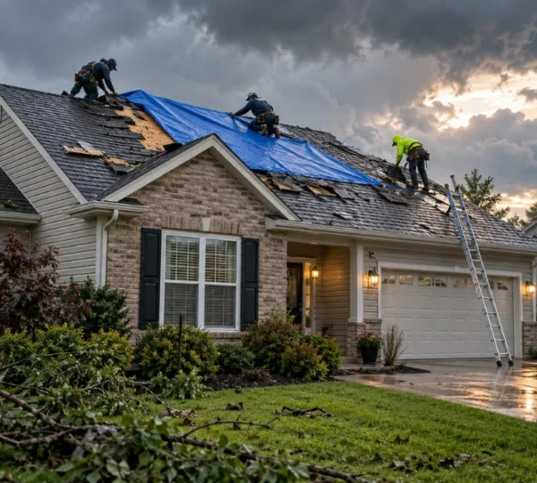 Roofing crew installing a blue tarp over storm-damaged shingles as part of an emergency roof repair.