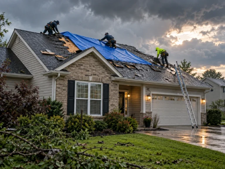 Roofing crew installing a blue tarp over storm-damaged shingles as part of an emergency roof repair.
