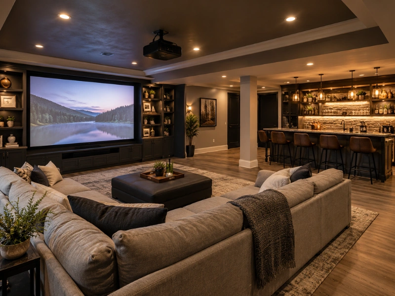 Finished basement home theater with a projector screen, sectional sofa, built-in shelving, and a bar with stools.