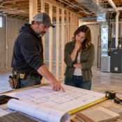 Contractor and homeowner reviewing basement finishing plans next to wall framing in an unfinished basement.