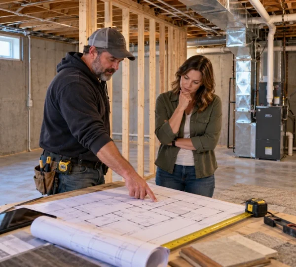 Contractor and homeowner reviewing basement finishing plans next to wall framing in an unfinished basement.