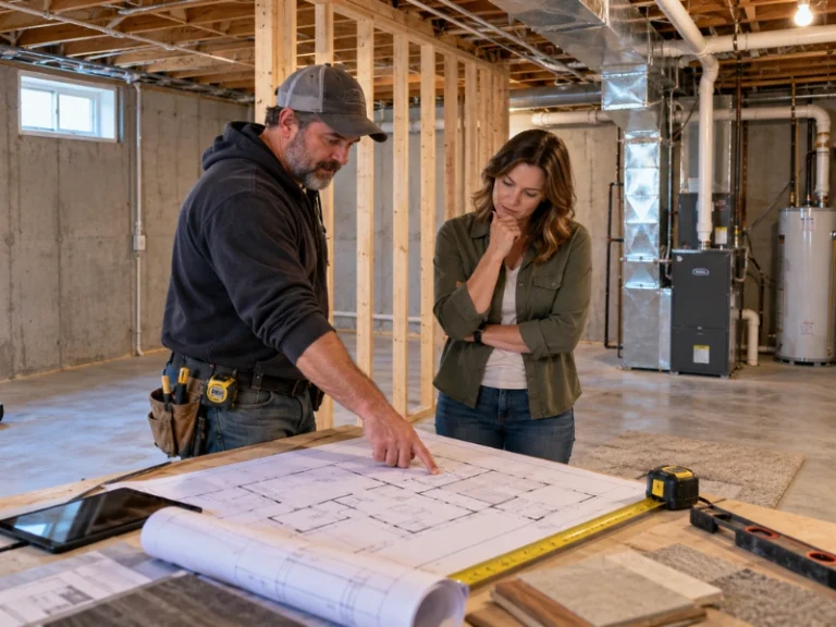 Contractor and homeowner reviewing basement finishing plans next to wall framing in an unfinished basement.