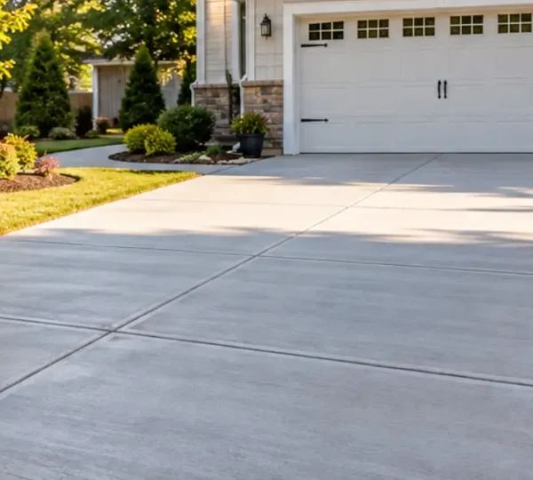 Finished broom-finish concrete driveway with control joints leading to a two-car garage with landscaped beds.