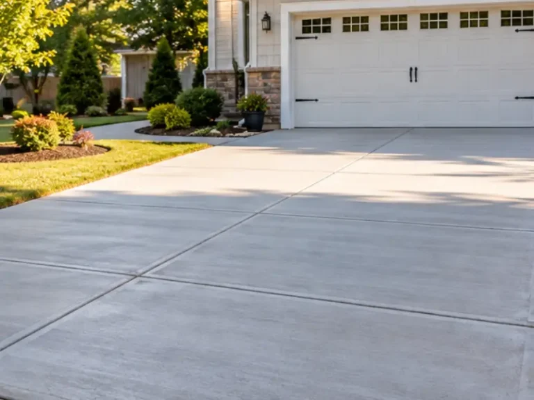 Finished broom-finish concrete driveway with control joints leading to a two-car garage with landscaped beds.