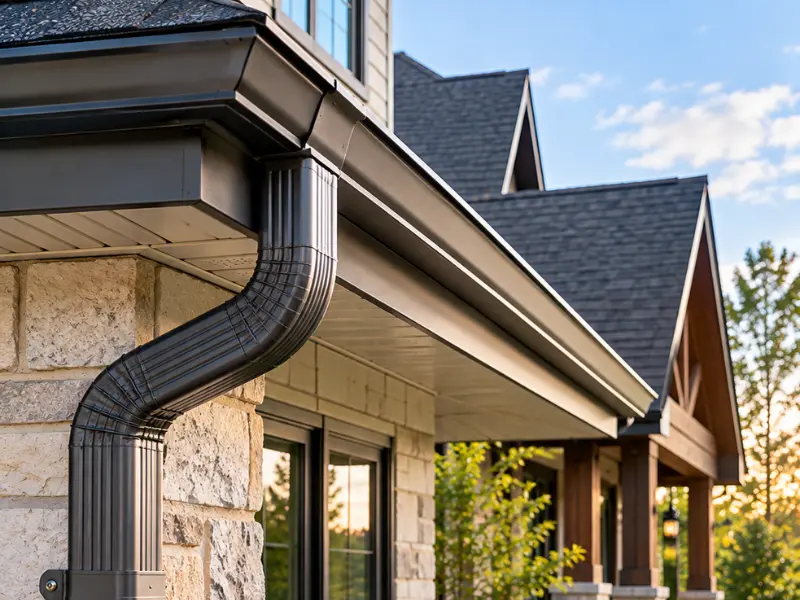 Newly installed dark bronze seamless gutter and downspout on a stone and shingle-roof home, a gutter installation service example.