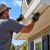 Gutter installer wearing work gloves lifting and fastening a white gutter section to the fascia of a home during a gutter installation.