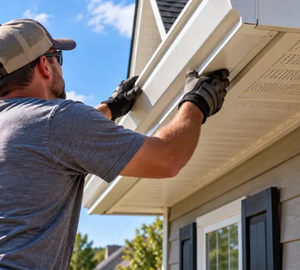 Gutter installer wearing work gloves lifting and fastening a white gutter section to the fascia of a home during a gutter installation.