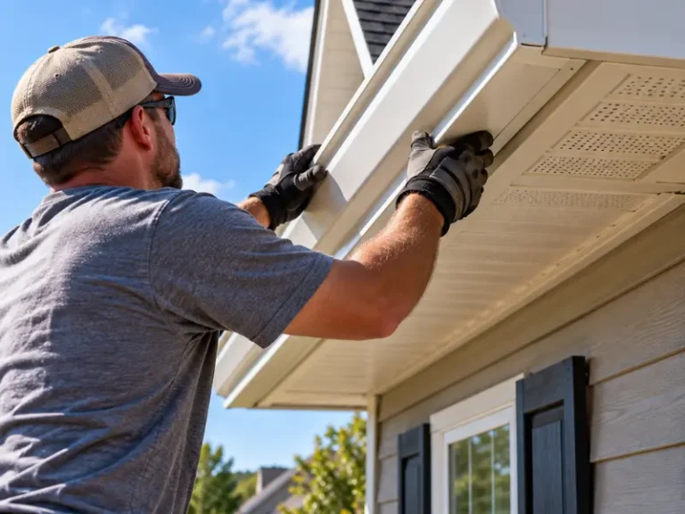 Gutter installer wearing work gloves lifting and fastening a white gutter section to the fascia of a home during a gutter installation.