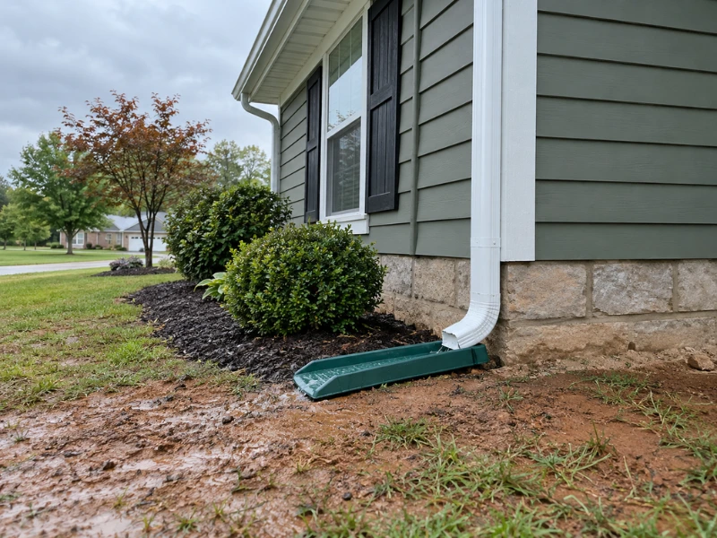 White downspout with a green splash block directing rainwater away from the foundation of a green-sided house.
