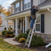 Gutter installer on a ladder securing a white gutter with a drill, with a downspout running down the side of a stone-accented home.