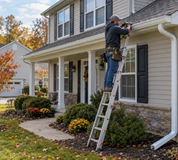 Gutter installer on a ladder securing a white gutter with a drill, with a downspout running down the side of a stone-accented home.