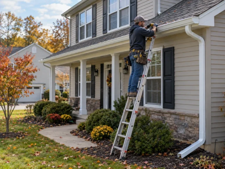 Gutter installer on a ladder securing a white gutter with a drill, with a downspout running down the side of a stone-accented home.