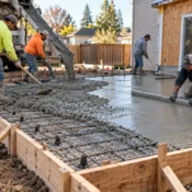 Concrete being poured over rebar on chairs inside wooden forms for a slab, with workers raking and screeding beside a house under construction