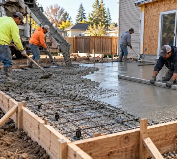 Concrete being poured over rebar on chairs inside wooden forms for a slab, with workers raking and screeding beside a house under construction