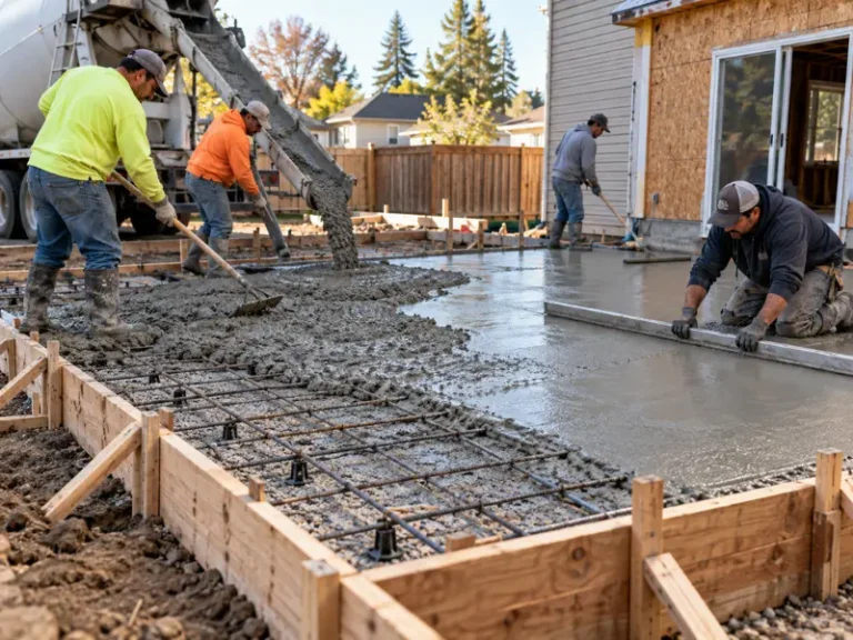 Concrete being poured over rebar on chairs inside wooden forms for a slab, with workers raking and screeding beside a house under construction