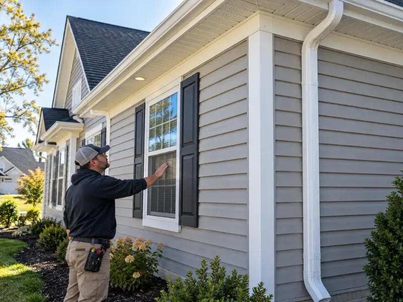 Contractor inspecting newly installed siding and exterior trim on a finished residential siding project in Mt. Orab.