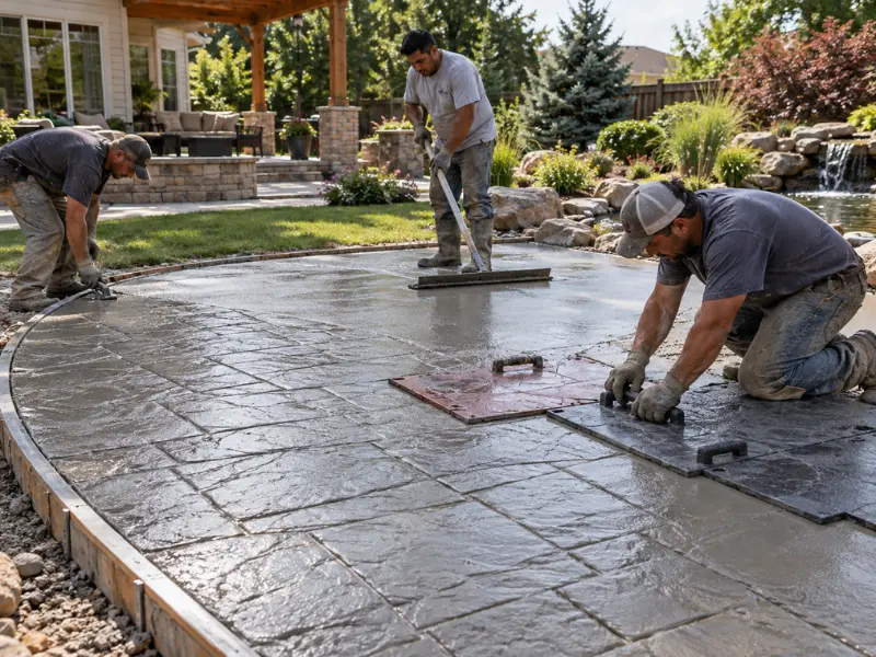 Workers pressing stamp mats into a freshly poured curved concrete patio to create a stone pattern, with a garden and pergola behind them.