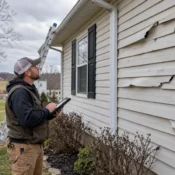 Siding contractor inspecting cracked and storm-damaged vinyl siding on a Mt. Orab, Ohio home before repair or replacement.