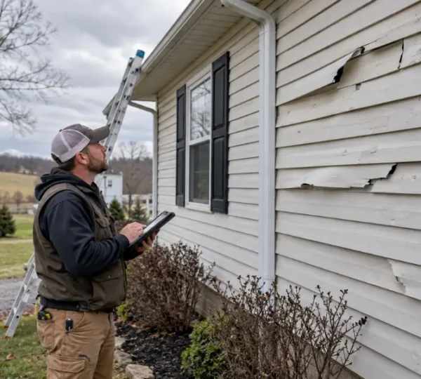 Siding contractor inspecting cracked and storm-damaged vinyl siding on a Mt. Orab, Ohio home before repair or replacement.