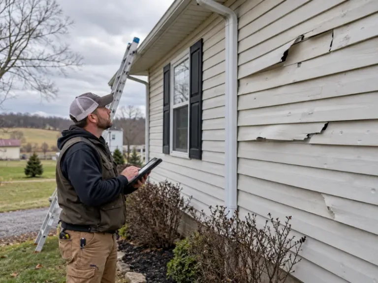 Siding contractor inspecting cracked and storm-damaged vinyl siding on a Mt. Orab, Ohio home before repair or replacement.