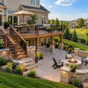 Multi-level deck with lit stairs leading to a paver patio, stone seating wall, fire pit and Adirondack chairs.