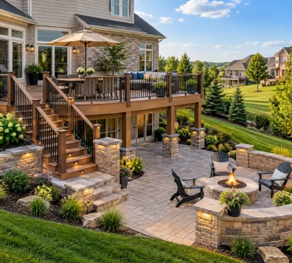 Multi-level deck with lit stairs leading to a paver patio, stone seating wall, fire pit and Adirondack chairs.