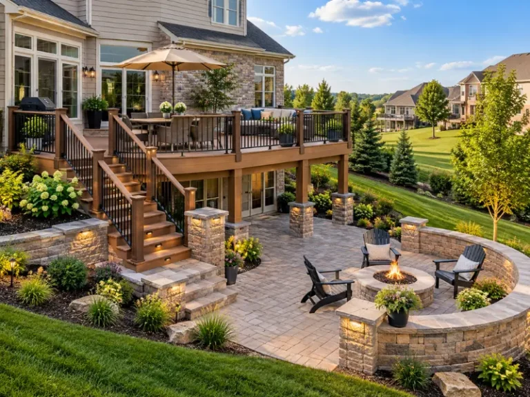 Multi-level deck with lit stairs leading to a paver patio, stone seating wall, fire pit and Adirondack chairs.