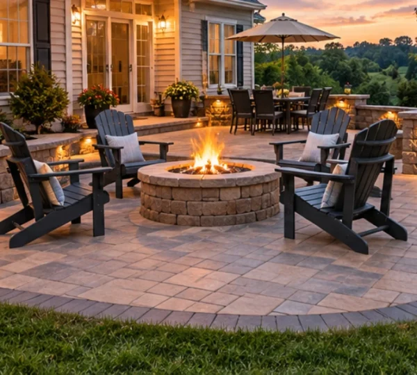 Paver patio with a stone fire pit, Adirondack chairs, lit seating walls and an outdoor dining area at sunset.