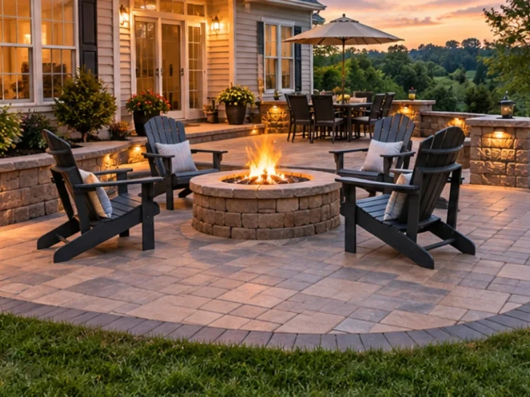 Paver patio with a stone fire pit, Adirondack chairs, lit seating walls and an outdoor dining area at sunset.
