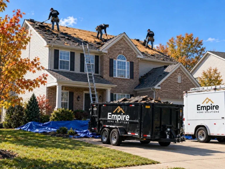 Empire Home Solutions crew tearing off old roofing on a two-story brick home, with a debris dumpster and work truck in the driveway.