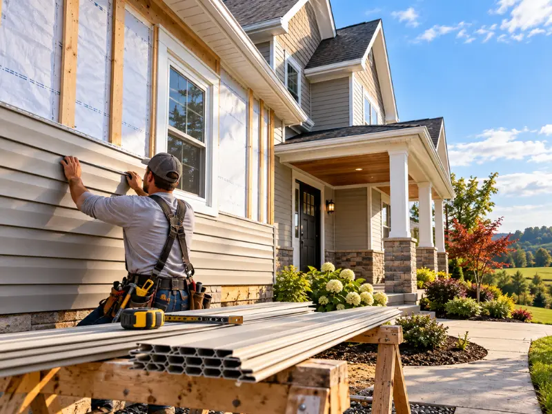 Vinyl siding installer fitting a siding panel on a home with a covered front porch, with stacked siding and a tape measure on a workbench.