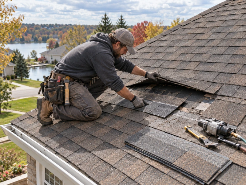 Roofer replacing damaged asphalt shingles during a residential roof repair with a nail gun and tools nearby.