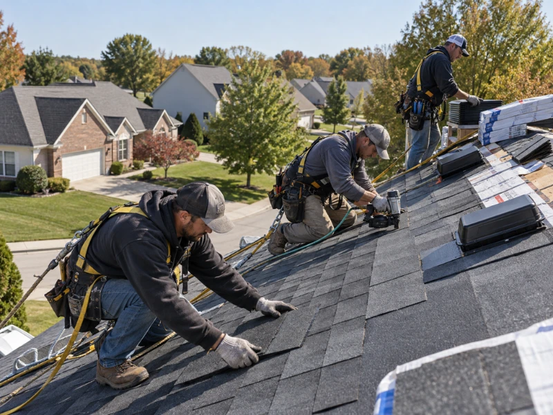 Roofing crew removing old shingles from a brick home while a contractor speaks with the homeowner, with tarps, ladders, and a dump trailer in place.