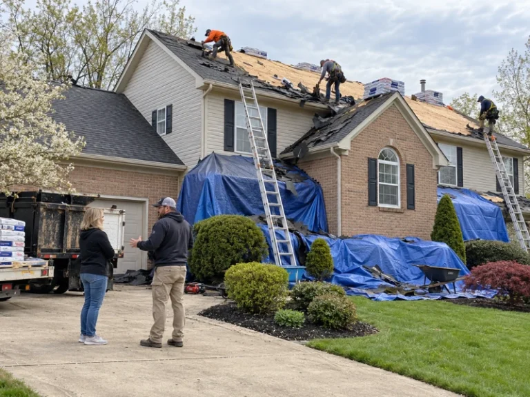 Roofers in safety harnesses installing underlayment and metal flashing beside a brick chimney during a roof replacement.