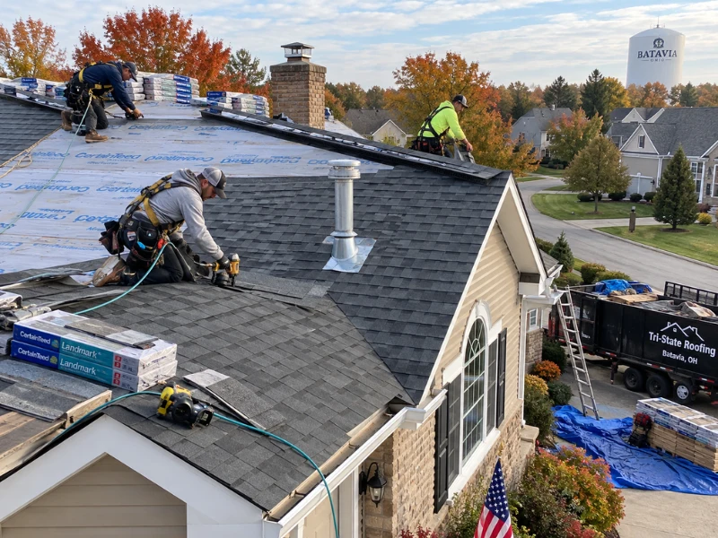 Roofers installing synthetic underlayment and new asphalt shingles on a residential roof replacement in a fall neighborhood.