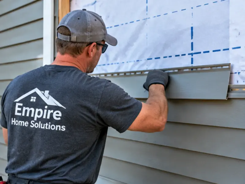 Empire Home Solutions installer fastening vinyl siding over house wrap during a siding installation.