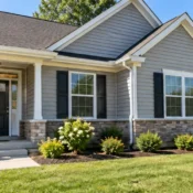 Home with newly installed gray vinyl siding, black shutters and a stone foundation accent.