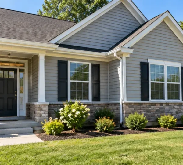 Home with newly installed gray vinyl siding, black shutters and a stone foundation accent.