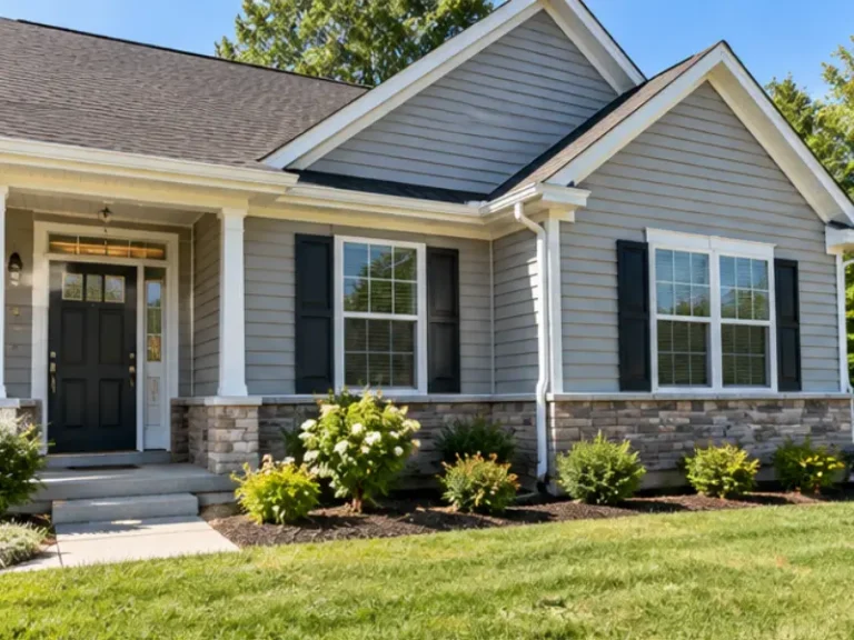 Home with newly installed gray vinyl siding, black shutters and a stone foundation accent.