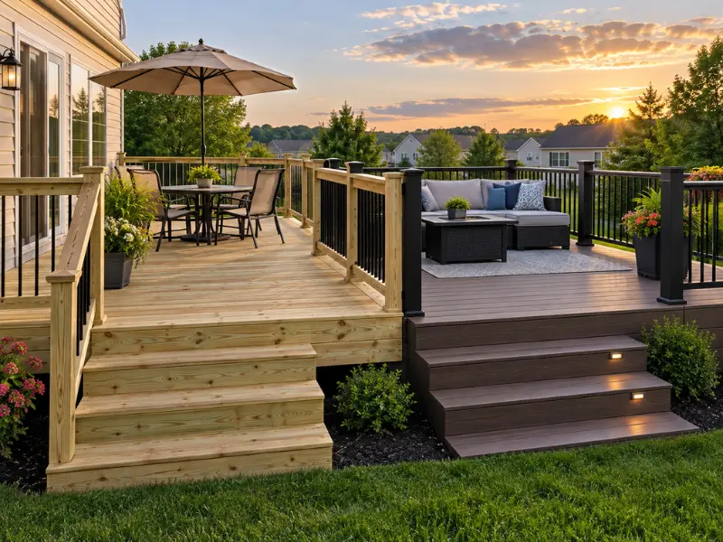 Two-level backyard deck combining natural wood and dark composite decking with railings, dining set and lounge area at sunset.