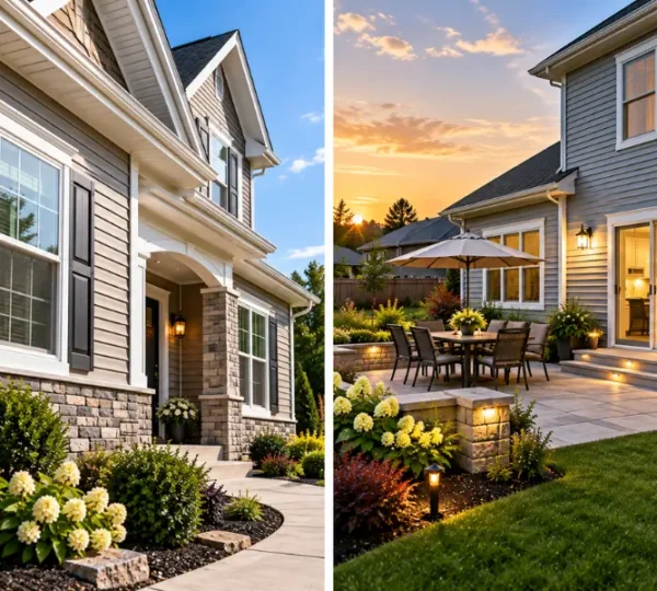 Finished home exterior with gray vinyl siding, dark shutters, and stone accents beside a backyard patio lit at sunset.