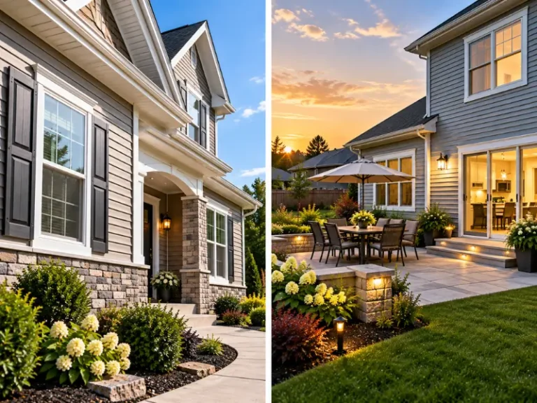 Finished home exterior with gray vinyl siding, dark shutters, and stone accents beside a backyard patio lit at sunset.