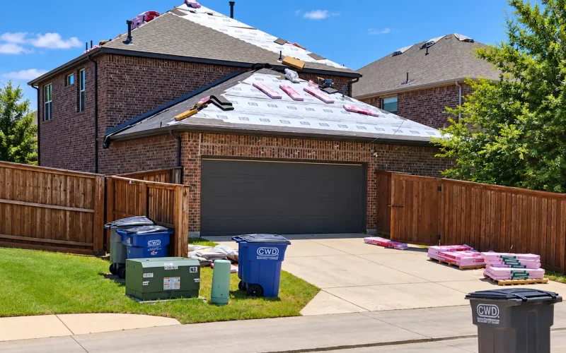 Residential brick home during roof replacement with exposed underlayment and roofing materials staged on the driveway.