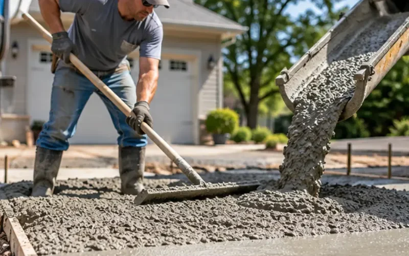 Worker spreading freshly poured concrete with a rake as it flows from a truck chute onto a driveway in front of a garage.