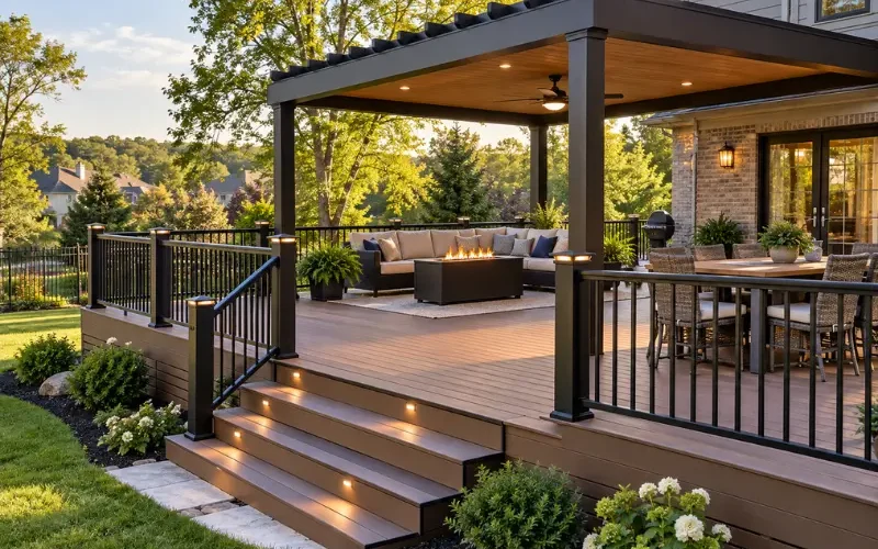 Custom composite deck with a pergola, lounge seating, fire table, dining area and lit stair steps at dusk.